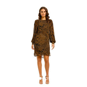 GANNI Tiger Print Shift Dress Womens 40/L Brown Chiffon (Viscose) Glam Chic